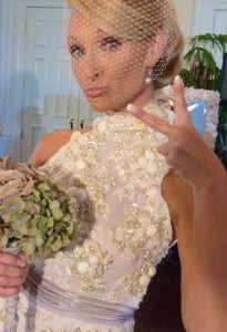 fun bride with shell wedding dress Sanibel