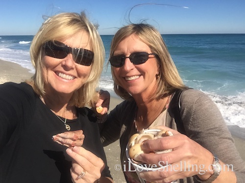 Pam and Diane with seashells in Jupiter Florida shelling